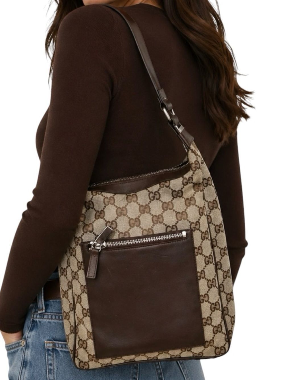 GUCCI Beige Brown GG Canvas Shoulder Bag with Dark Brown Pocket
